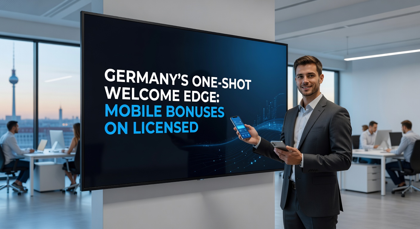 Smartphone mit Casino-App, das einen attraktiven Willkommensbonus für neue mobile Spieler anzeigt, vor einem deutschen Stadtbild-Hintergrund