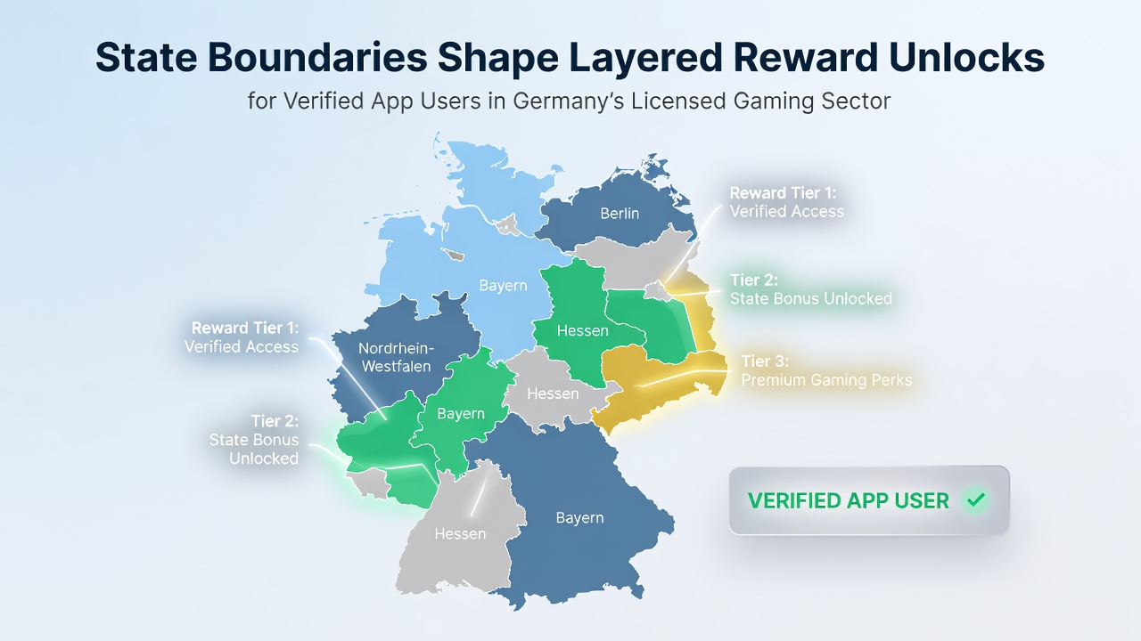 Smartphone-Bildschirm mit gestaffelten Belohnungsebenen in einer deutschen Casino-App und regionalen Filteroptionen